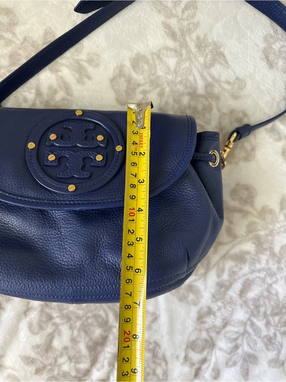 Tory Burch Amanda Flap Crossbody Bag Navy Blue Pebbled Leather